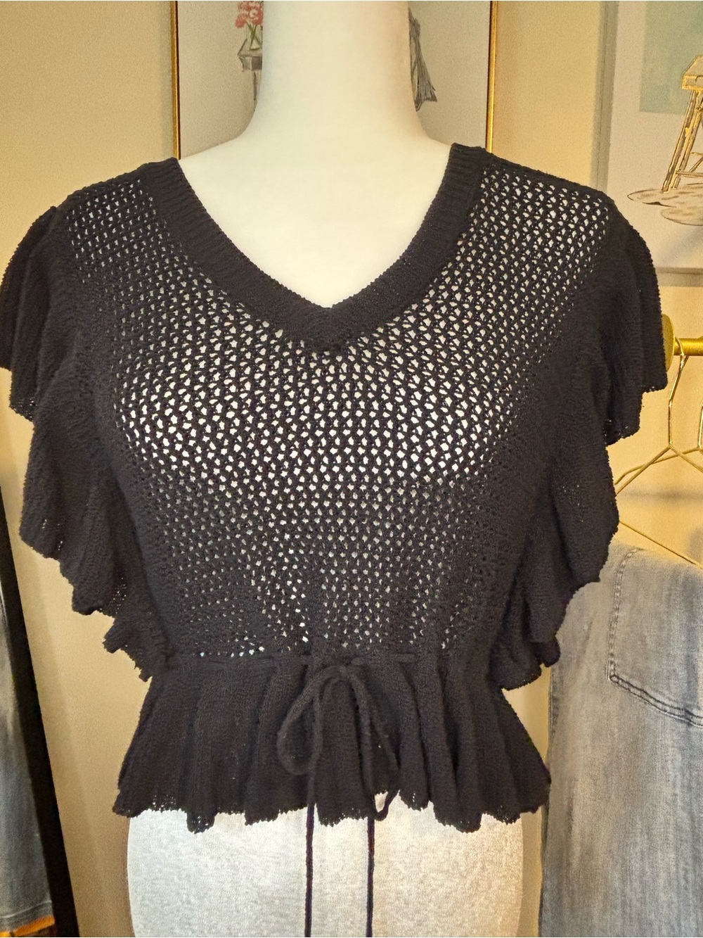 Elan Black Open-Knit V-Neck Crochet Peplum Top, BOHO, Small, 100% Cotton